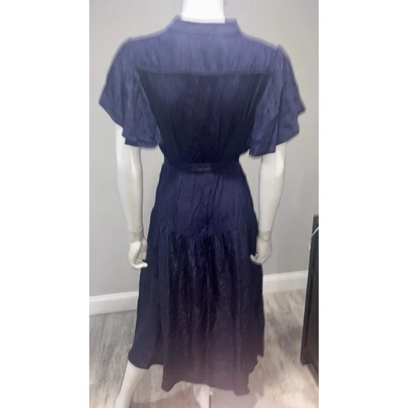 Women's Shoshanna Navy Jacquard Ruffle Sleeve Belted Midi Dress Size 6 - Picture 11 of 12